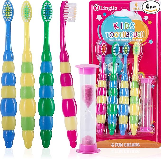 Kids Toddler Toothbrush Pack - Soft Toothbrush for Tiny Hands Boys & Girls (2-4 Years) - 4 Pack With Timer
