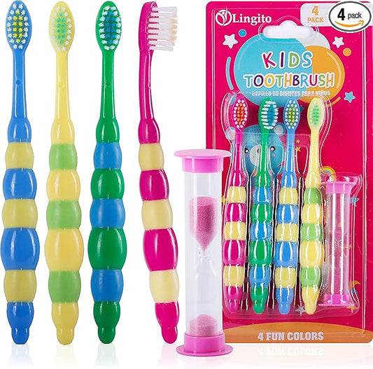 Kids Toddler Toothbrush Pack - Soft Toothbrush for Tiny Hands Boys & Girls (2-4 Years) - 4 Pack With Timer
