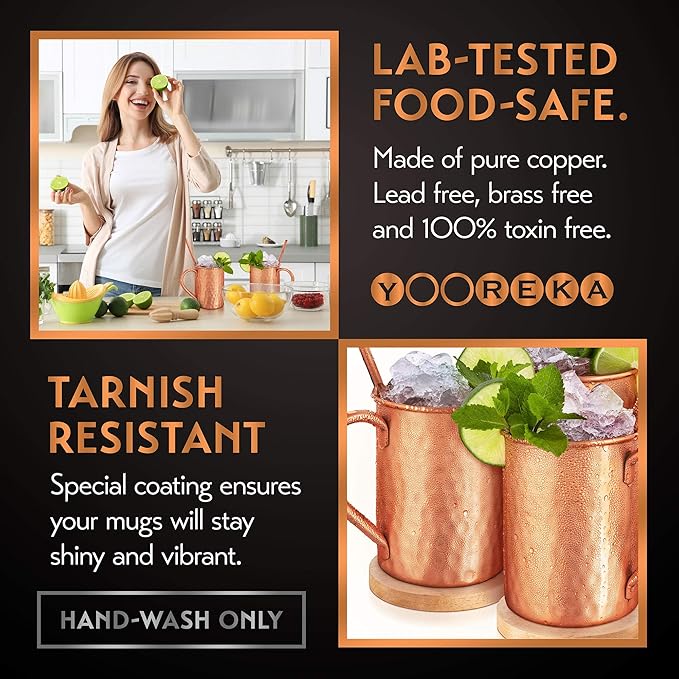 Gift Set Moscow Mule Mugs Set Of 4 16 oz Solid Cooper, 100% Pure Copper Cups Cylindrical Shape HANDCRAFTED, BONUS 4 Straws, 4 Wood Coasters, Stirring Spoon, And Shot Glass (Square)