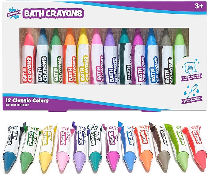 Tub Works® Smooth™ Bath Crayons Bath Toy, 12 Pack | Nontoxic, Washable Bath Crayons for Toddlers & Kids | Unique Formula Draws Smoothly & Vividly on Wet & Dry Tub Walls | Hexagon Grip Bathtub Crayons