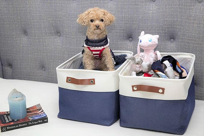 DECOMOMO Storage Baskets for Shelves - Fabric Storage Bins, Linen Closet Organizers and Storage (Navy Blue & White, XL - 3 Pack)