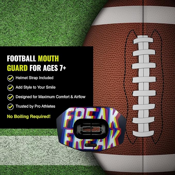 DAMAGE CONTROL Youth Football Mouth Guard – Breathable No Boil Mouthpiece, Protects Lips & Teeth, Works with Braces, Includes Helmet Strap – Sports Gear & Accessories (Freak)