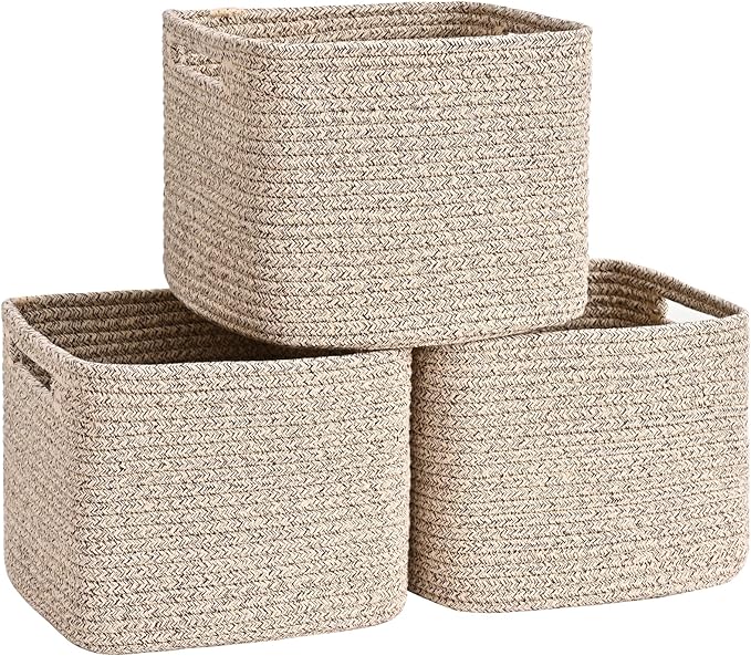 3 Pack Cube Storage Bin, 9”x9”x7” Cotton Rope Woven Baskets for Organizing Toys Clothes Towels, Square Gift Storage Baskets for Shelf, Nursery, Closet, Bathroom, Pantry (Jute)