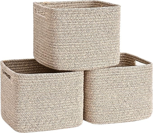 3 Pack Cube Storage Bin, 9”x9”x7” Cotton Rope Woven Baskets for Organizing Toys Clothes Towels, Square Gift Storage Baskets for Shelf, Nursery, Closet, Bathroom, Pantry (Jute)