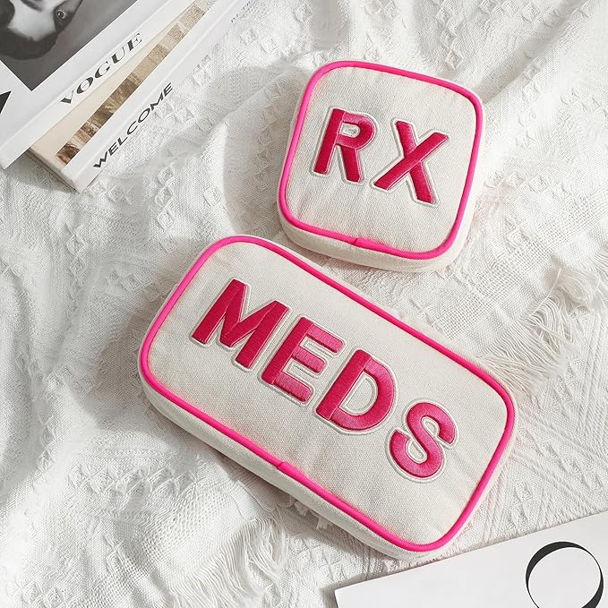 2Pcs Small Canvas Rx MEDS Medicine Packages, Cute Chenille Letter Patch Drug Makeup Bag with Metal Zipper, Mini Travel First Aid Purse Organizer Machine Washable (06 2pcs Hot Pink)