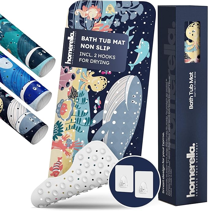 Bath Tub Mat Non Slip Anti Mold for Kids BPA Free INCL Hooks - homerella® Ocean Sea Animals 40x16, Baby Bath Mat Non Slip 200 Suction Cups, Non Toxic Machine Washable Toddler Bath Mat, EU Certified