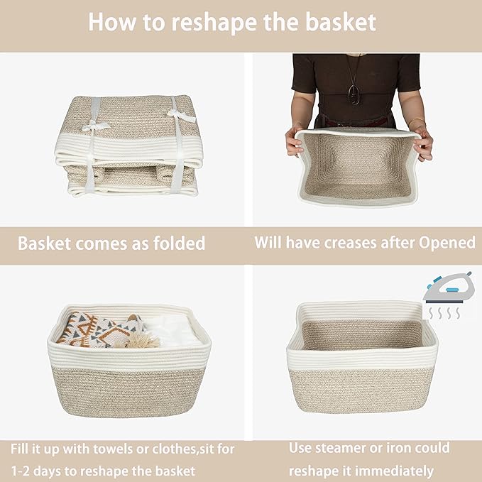 Cotton Rope storage Basket Bins Woven Basket for Organizing Shelves 14.5X9.5X9.3" Rectangle Decorative Baskets For storage Clothes Toys Books Towels Nursery basket organizer 3 pack white and brown