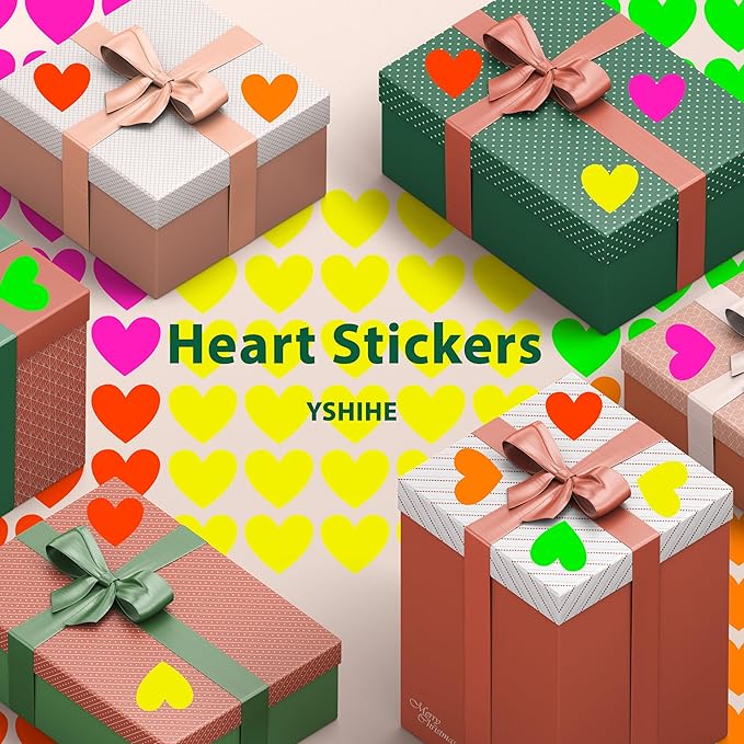YSHIHE Fluorescent Heart Stickers, 1650 Pieces, Neon Colors, 3/4 Inch Mini Labels, 55 Sheets for Party, Gift Packaging, Decorating