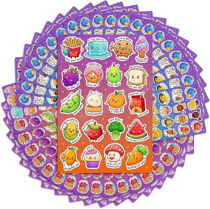 Punny Reward Stickers for Kids & Teachers – 800 Cute Food-Pun Stickers, 40 Unique Designs, 40 Sheets, Classroom Incentives for Homework, Behavior Charts, Homeschool Rewards – Mochi Momo