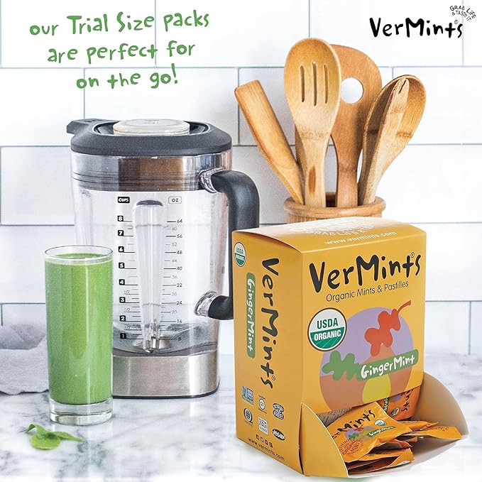 VerMints Organic Breath Mints GingerMints – Real Ginger Flavored Candies - Individually Wrapped Travel Size - Non-GMO, Nut Free, Gluten Free, Vegan, Kosher & Organic Candy Mints - 100 Packets