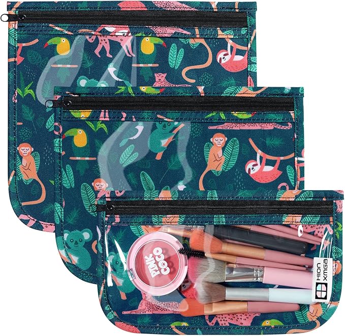 TSA Approved Toiletry Bag, Set of 3 Clear Travel Toiletry Bag Quart Size Zipper Travel Pouch, Waterproof Makeup Cosmetic Bag for Women Men Kids Toiletries Carry on, Jungle