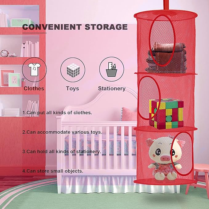Libeder Stuffed Animal Storage Mesh Hanging Storage Space Saver Bags Organizer,Foldable Storage Organizer 3 Compartments Toy Net Storage Basket for Kids Room Bathroom 2 Sets Red