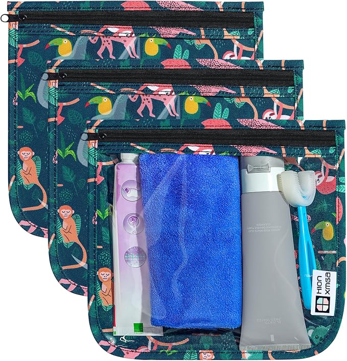 TSA Approved Toiletry Bag, Set of 3 Clear Travel Toiletry Bag Quart Size Zipper Travel Pouch, Waterproof Makeup Cosmetic Bag for Women Men Kids Toiletries Carry on, Jungle Large