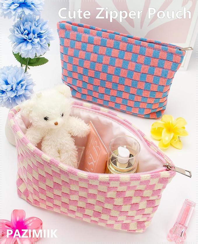 Knitted Checkered Makeup Bag Large Zipper Make Up Accessory Pouch for Purse Cosmetic Brush Bag for Travel Essential Pink Beige