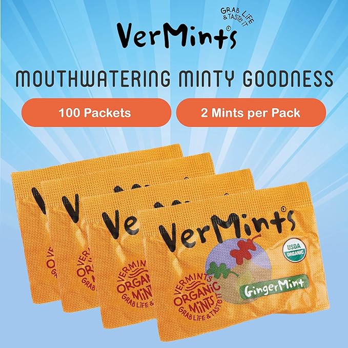 VerMints Organic Breath Mints GingerMints – Real Ginger Flavored Candies - Individually Wrapped Travel Size - Non-GMO, Nut Free, Gluten Free, Vegan, Kosher & Organic Candy Mints - 100 Packets
