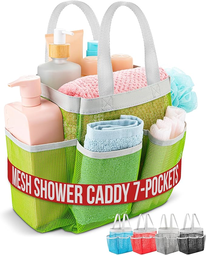 Handy Laundry Mesh Shower Caddy - 7 Pocket Portable Bathroom Organizer Tote for Travel, Gym & Dorm - Collapsible Small Shower Caddy Bag to Hold Toiletries & Essentials (Green)