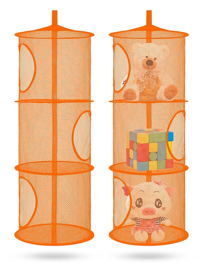 Libeder Mesh Hanging Storage Space Saver Bags Organizer,Foldable Storage Organizer 3 Compartments Toy Storage Basket for Kids Room Bathroom 2 Sets Orange