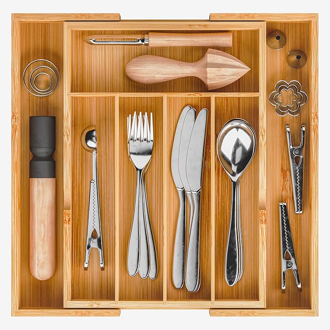 BAMEOS Bamboo Expandable Drawer Organizer, 5-7 Slots Kitchen Drawer Organizer, Adjustable Cutlery Tray for Utensils, Silverware & Flatware (Natural)