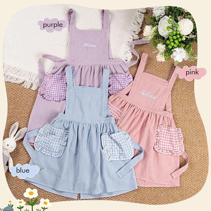 MT WORLD Girls Apron Personalized Linen Kids Aprons for Cooking Toddler Girls Cross Back Apron Pinafore for Baking Crafting