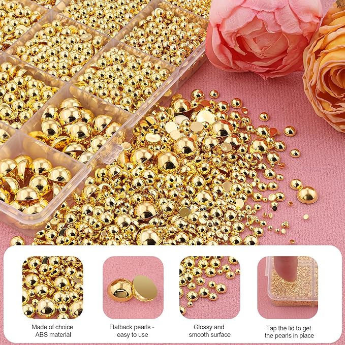13500Pcs Flatback Pearls for Bedazzling (Gold) with 3Pcs B7000 Jewelry Glue, Assorted Size 2/3/4/5/6/8/10mm Half Pearl, Bedazzling Gems for Crafting Clothing Tumbler Shoes Embellishment Nail Art