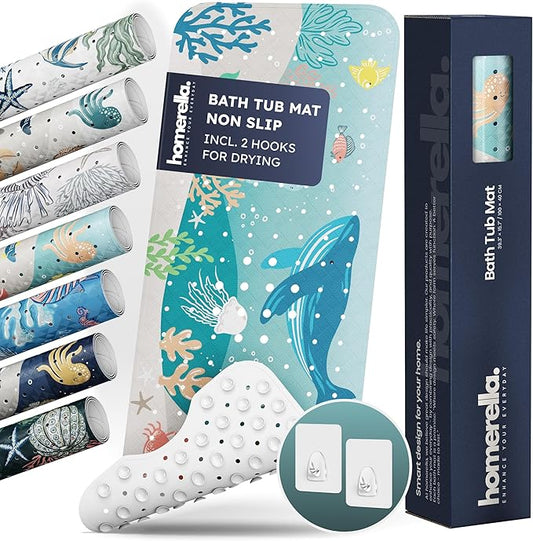 Homerella Baby Bath Tub Mat | Anti Mold Mildew Resistant Non Slip Kids and Adult Bath Tub Shower Mats | 40x16 inch Long with Suction Cups for Secure Grip Hooks for Storage & Drying | Machine Washable