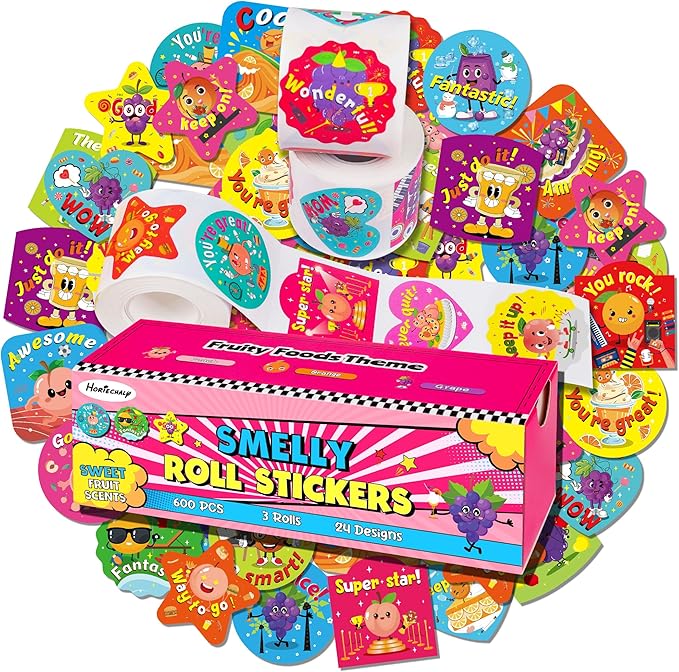 HORIECHALY 3 Rolls Scratch and Sniff Stickers for Kids, 600PCS Smelly Scented Stickers, Kid's Reward Sticker, Classroom Teacher Must Haves, School Supplies Incentives Christmas Children‘s Gift-1.57''