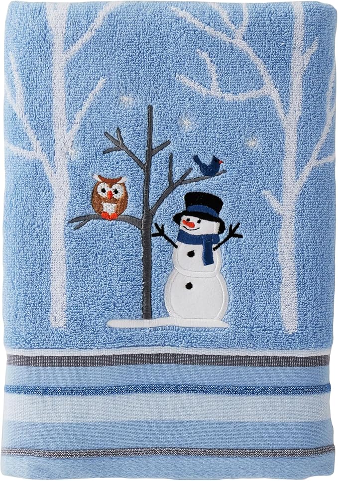 SKL Home Christmas Winter Friends Snowman 100% Cotton Premium Bath Towel, 450 GSM, Soft & Absorbent Jacquard, Decorative for Bath & Gift, Blue