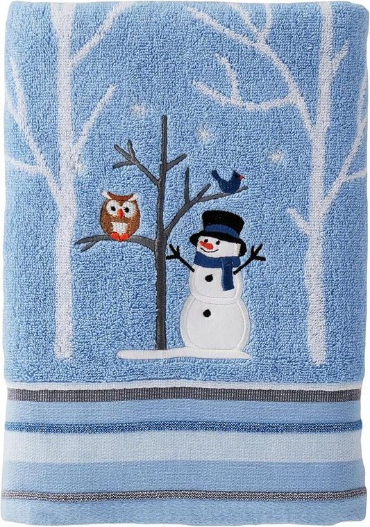SKL Home Christmas Winter Friends Snowman 100% Cotton Premium Bath Towel, 450 GSM, Soft & Absorbent Jacquard, Decorative for Bath & Gift, Blue
