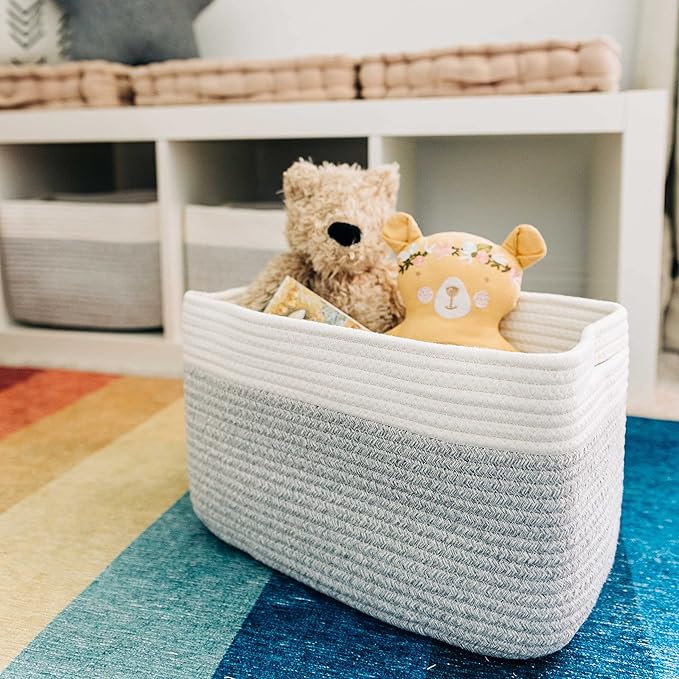 OrganiHaus Set of 3 Woven Storage Baskets for Shelves, Decorative Organizer Bins for Closet & Bathroom, Multipurpose Home Organization Baskets, Toy Storage Basket - Gray/Off-White, 15x9x10 inches