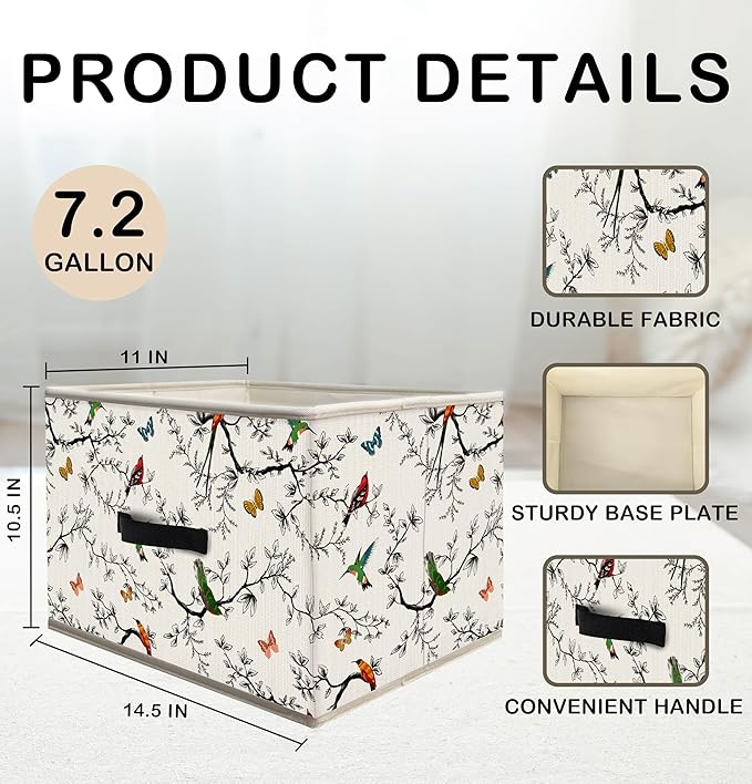 Nogrit Nature Bird Butterfly Storage Bins Box, Toybox for Girls, Colorful Branch Birds Foldable Baskets Organizer Container with Handles for Kids Girls Bedroom Bathroom Clothes Toys Books