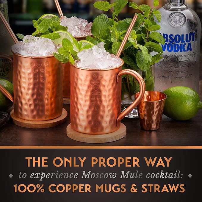 Gift Set Moscow Mule Mugs Set Of 4 16 oz Solid Cooper, 100% Pure Copper Cups Cylindrical Shape HANDCRAFTED, BONUS 4 Straws, 4 Wood Coasters, Stirring Spoon, And Shot Glass (Square)