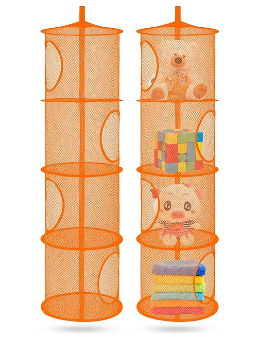 Libeder Mesh Hanging Storage Space Saver Bags Organizer,Foldable Storage Organizer 4 Compartments Toy Storage Basket for Kids Room Bathroom 2 Sets Orange
