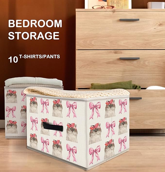 Nogrit Coquette Pink Bow Cat Storage Bins Box, Toybox for Girls, Preppy Cute Cat Kitten Foldable Baskets Organizer Container with Handles for Kids Girls Bedroom Bathroom Clothes Toys Books