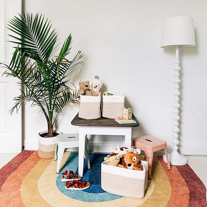 OrganiHaus Set of 3 Woven Storage Baskets for Shelves, Decorative Organizer Bins for Closet & Bathroom, Multipurpose Home Organization Baskets, Toy Storage Basket - Honey/Off-White, 15x9x10 inches