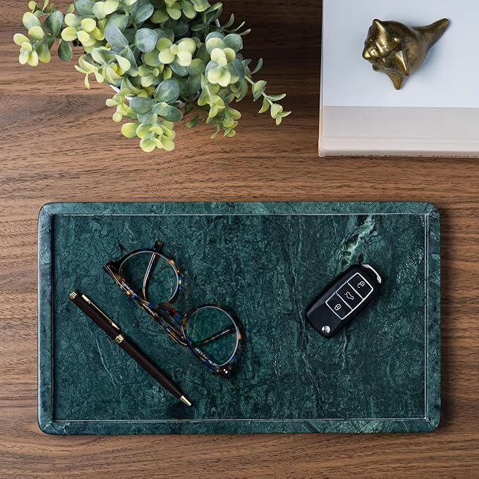 Cork & Mill Green Marble Tray for Bathroom Countertop, Kitchen Counter, or Catchall - 13" x 7½" Large Vanity Tray for Skincare or Perfume - Handcrafted Natural Marble Stone Organizer