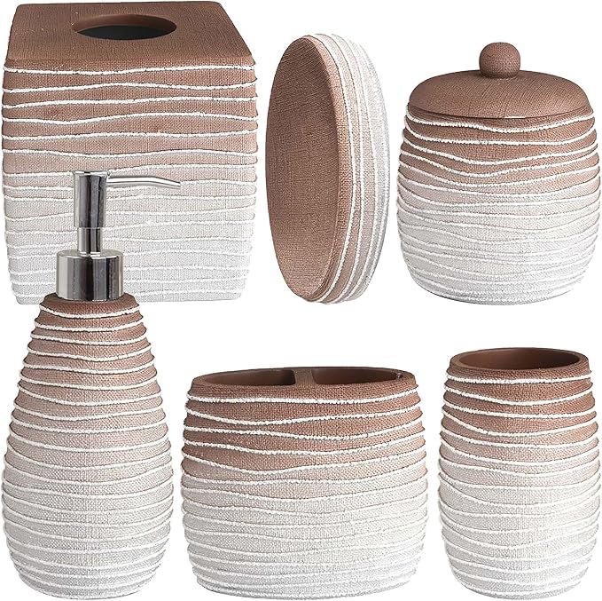 6-Piece Bathroom Accessories Set – Soap Dispenser, Toothbrush Holder, Tumbler, Soap Dish, Cotton Swab Jar & Toilet Brush – Modern Bathroom Decor Set (Antonetta)