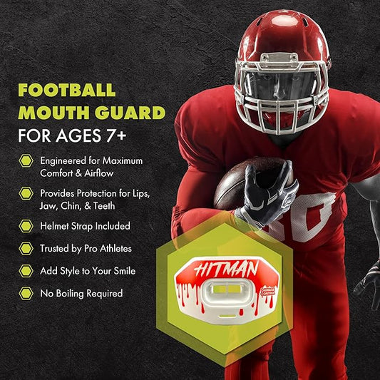 DAMAGE CONTROL Youth Football Mouth Guard – Breathable No Boil Mouthpiece, Protects Lips & Teeth, Works with Braces, Includes Helmet Strap – Sports Gear & Accessories (Hitman)