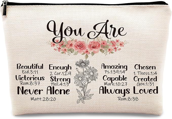 kdqua Christian You are Enough Makeup Bag, Feminist Gift Inspirational Bible Verse Linen Cosmetic Bag Zipper Pouch Travel Organizer Toiletry Bag, Religious Gifts Idea for Women Mom Coworker Friends