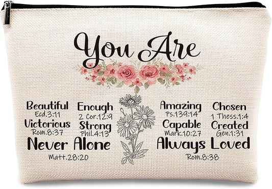 kdqua Christian You are Enough Makeup Bag, Feminist Gift Inspirational Bible Verse Linen Cosmetic Bag Zipper Pouch Travel Organizer Toiletry Bag, Religious Gifts Idea for Women Mom Coworker Friends