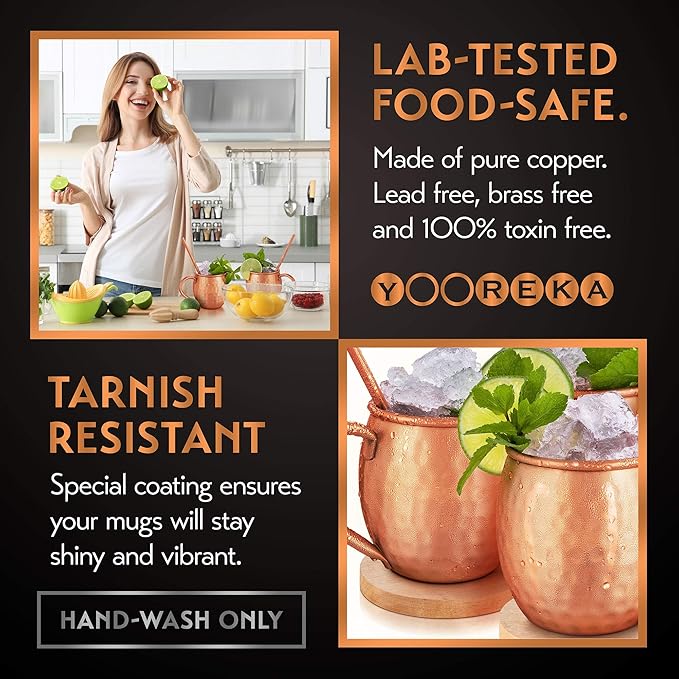 Gift Set Moscow Mule Mugs Set Of 4 16 oz Solid Cooper, 100% Pure Copper Cups HANDCRAFTED, BONUS 4 Straws, 4 Wood Coasters, Stirring Spoon, Shot Glass and Cleaning brush (Oval)