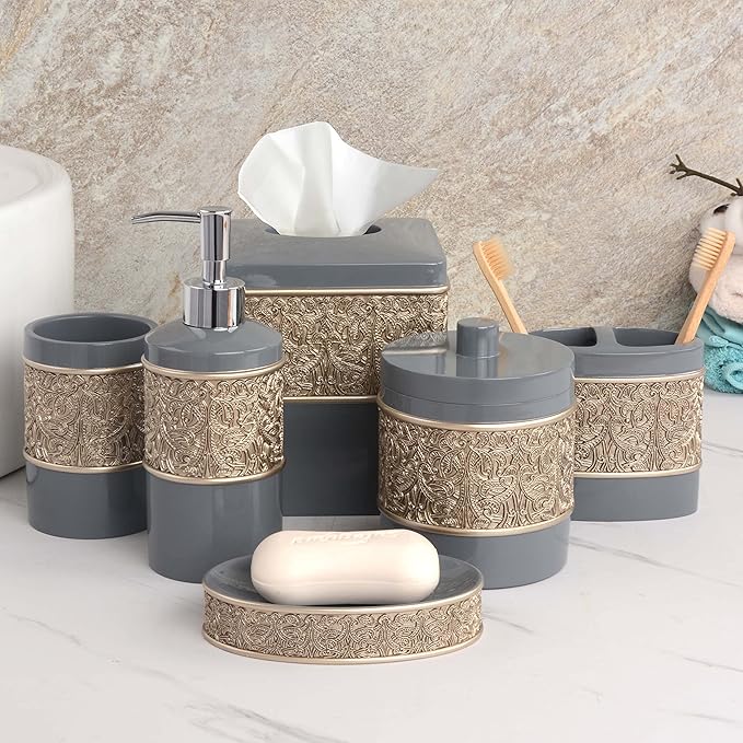 6-Piece Bathroom Accessories Set – Soap Dispenser, Toothbrush Holder, Tumbler, Soap Dish, Cotton Swab Jar & Toilet Brush – Modern Bathroom Decor Set (Gold Grey)