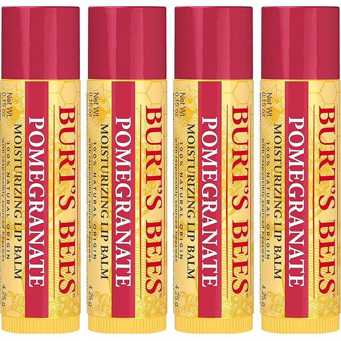 Burt's Bees Lip Balm - Pomegranate, Lip Moisturizer With Responsibly Sourced Beeswax, Tint-Free, Natural Origin Conditioning Treatment, 4 Tubes, 0.15 oz.