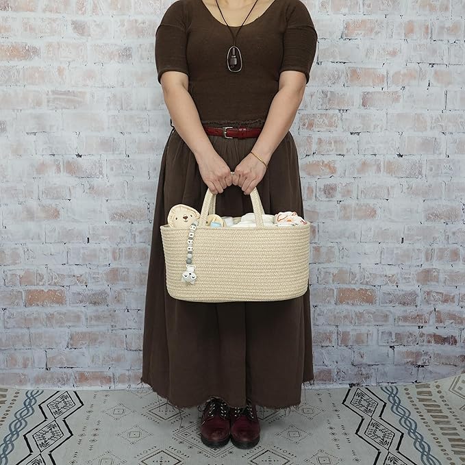 Large Baby Diaper Caddy Organizer for Girl Boy Rope Nursery Storage Bin Basket Portable Holder Tote Bag for Changing Table Car Travel Baby Shower Gifts Oatmeal