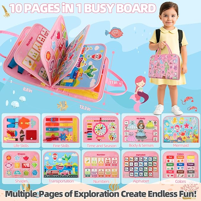 Toddler Busy Board Montessori Toys for 3 Year Old Birthday Gifts for Kids 10 Pages in 1 Soft Felt Activity Book Develop Fine Skills Educational Learning Sensory Travel Toys for Airplane Car