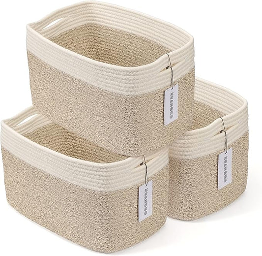 Cotton Rope storage Basket Bins Woven Basket for Organizing Shelves 14.5X9.5X9.3" Rectangle Decorative Baskets For storage Clothes Toys Books Towels Nursery basket organizer 3 pack white and brown