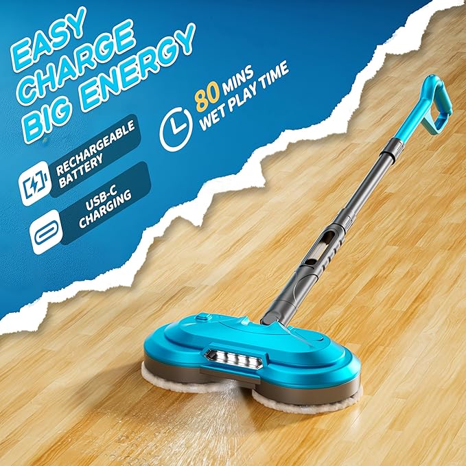 Kids Toy Electric Spin Mop, Rechargeable Cordless Electric Mop W/ Water Sprayer & LED Headlight for Children Ages 3 4 5 6+ Boys & Girls, Cleaning Toy for Pretend Play (Blue)