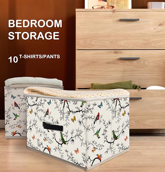 Nogrit Nature Bird Butterfly Storage Bins Box, Toybox for Girls, Colorful Branch Birds Foldable Baskets Organizer Container with Handles for Kids Girls Bedroom Bathroom Clothes Toys Books