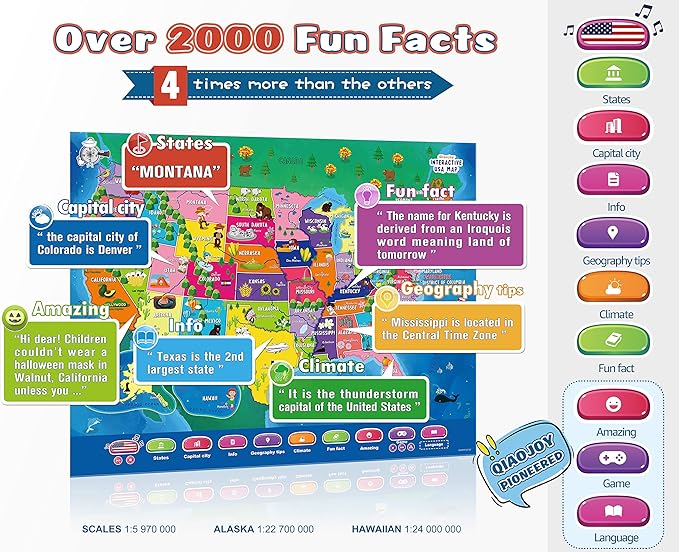 V2 Interactive Bilingual United States Map for Kids Learning, Talking USA Map Poster Geography Games Personalized Toys for Boys & Girls Ages 3-12