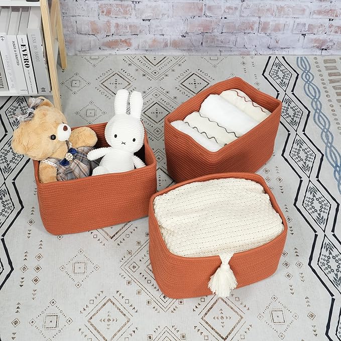 Cotton Rope storage Basket Bins Woven Basket for Organizing Shelves 14.5X9.5X9.3" Rectangle Decorative Baskets For storage Clothes Toys Books Towels Nursery basket organizer 3 pack Rust