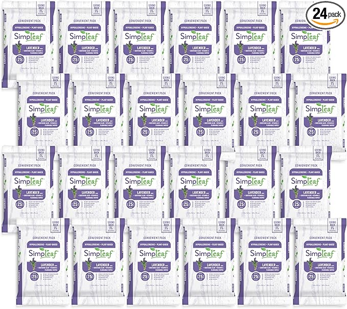 Simpleaf Flushable Wet Wipes Lavender| Eco-Friendly, Paraben & Alcohol Free | Hypoallergenic & Safe for Sensitive Skin | Soothing Aloe Formula | (24 x 25 Counts Convenient Pack) 600 Counts Total